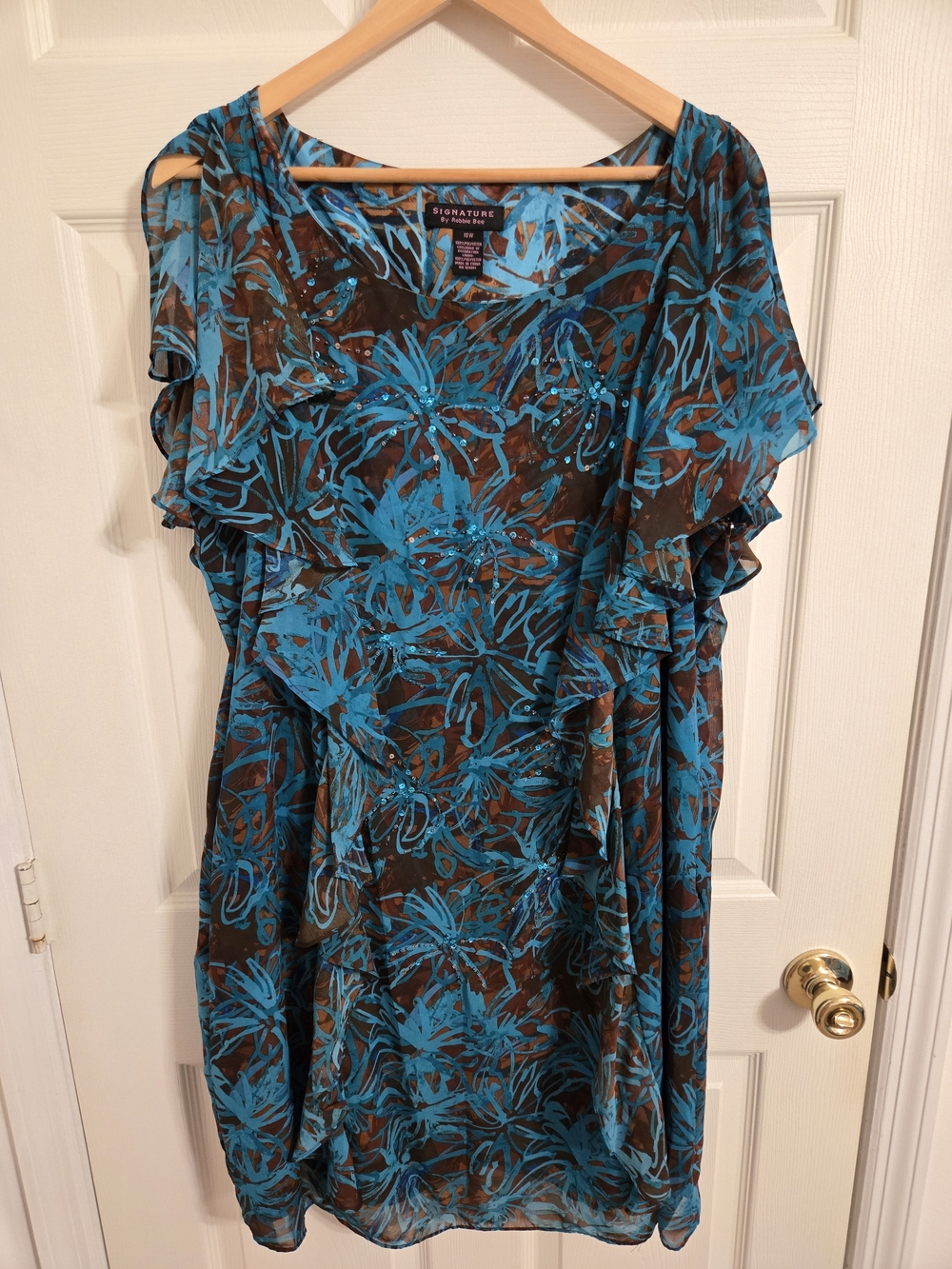 Robbie Bee Women's Brown and Turquoise Floral Ruffle Midi Dress Size 18W